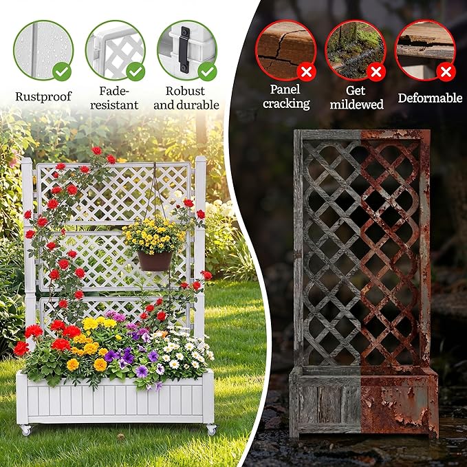 YITAHOME 42.5x14.2x61 in Planter Box with Trellis/Outdoor Privacy Screen All-Weather Raised Garden Bed with Wheels &amp Drain Plug for Climbing Plants Flowers Herbs White
