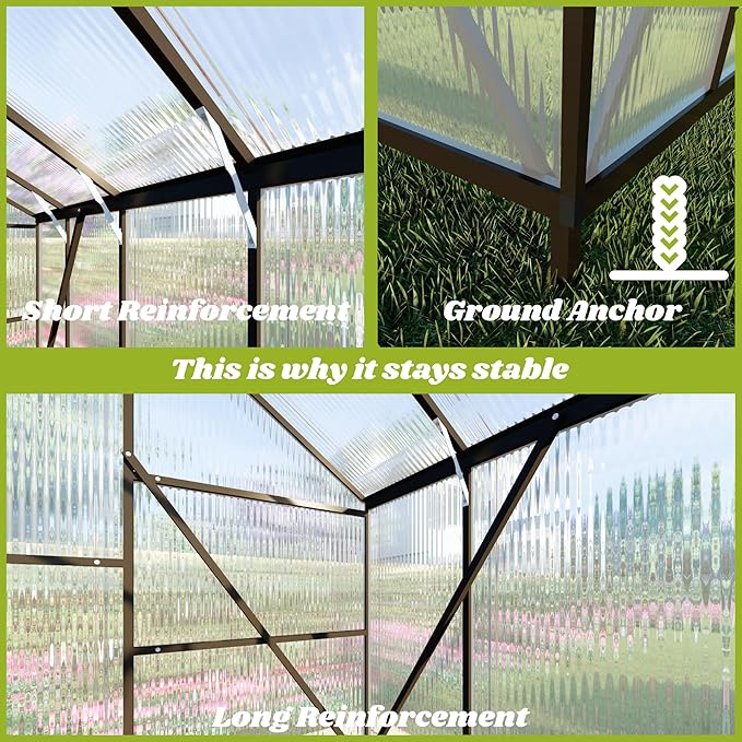 8x10 FT Greenhouse for Outdoors Polycarbonate Greenhouse with Quick Setup Structure and Roof Vent Aluminum Large Walk-in Green House for Outside Garden Backyard Charcoal Black
