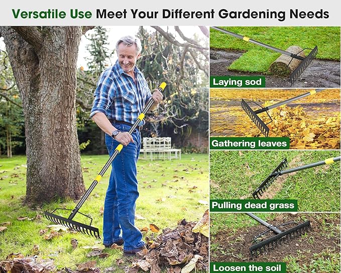 Heavy Duty Bow Rake 17 Tines Metal Garden Rake with Adjustable Handle for Leaves Lawn Soil Sod - 35-67 Metal Handle (Black)