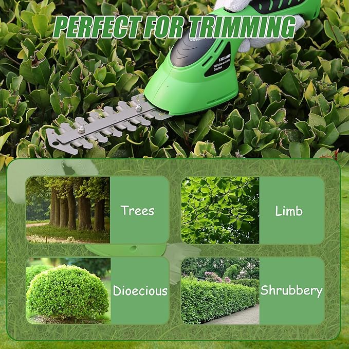 Lichamp 2-in-1 Electric Hand Held Grass Shear Hedge Trimmer Shrubbery Clipper Cordless Battery Powered Rechargeable for Garden and Lawn CGS-3602 Grass Green