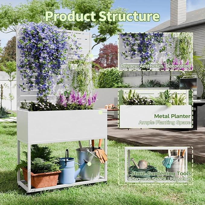 Metal Planter Box with Trellis67 H x35 W Raised Garden Beds with Privacy Screen for Climbing Plants Flower Elevated Standing Planter Garden Bed with Drainage Holes for Outdoor PatioWhite