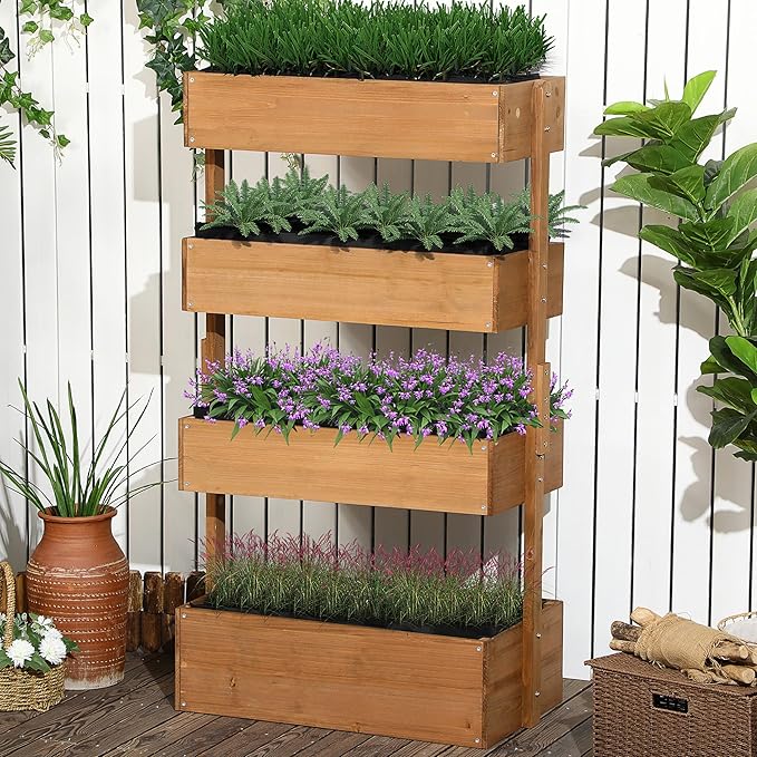 Vertical Wooden Garden Planter - 4 Tier Raised Bed with Self-Watering &amp Adjustable Angle for Herbs Flowers and Vegetables - Orange