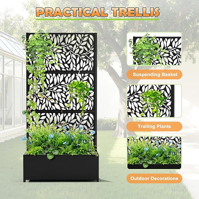 Metal Raised Garden Bed with Trellis 2 in 1 Trellis with Planter Box &amp Privacy Screen for Climbing Plants Vine Outdoor Standing Flower Beds with Drainage Holes 35.4L x 15.7W x 70.10H(Black