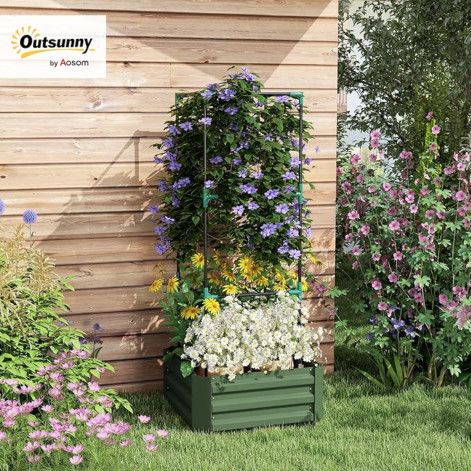 Outsunny Galvanized Raised Garden Bed 55 Tall Outdoor Planter Box with Trellis Tomato Cage and Open Bottom for Climbing Vines Vegetables Flowers in Backyard Garden Patio Green