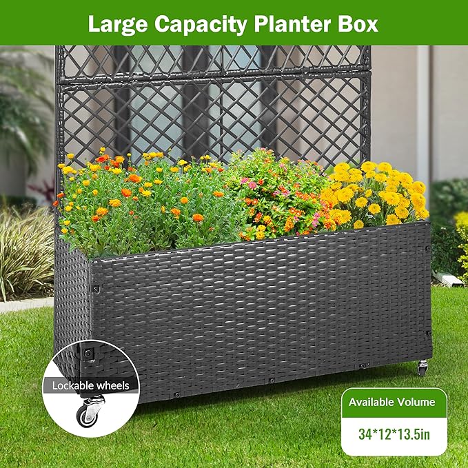 GENMOUS 72in/5.9ft Metal Raised Garden Bed with Trellis Planter Box Trellis with Wheels for Vine Climbing Plants Trellis with Drainage Holes for Flowers Vegetables in Garden Patio Balcony （Black）