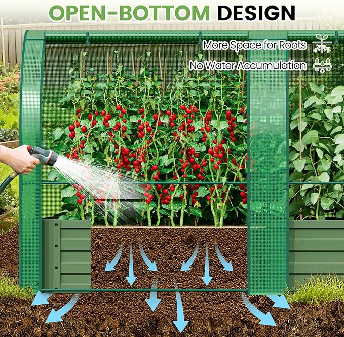 SPECILITE Raised Garden Bed with Mini Greenhouse Galvanized Metal Planter Box Kit with PE Cover 2 Roll-Up Doors for Ventilation Gardening Set for Outdoor Growing Vegetables Herbs Fruit &amp Flow