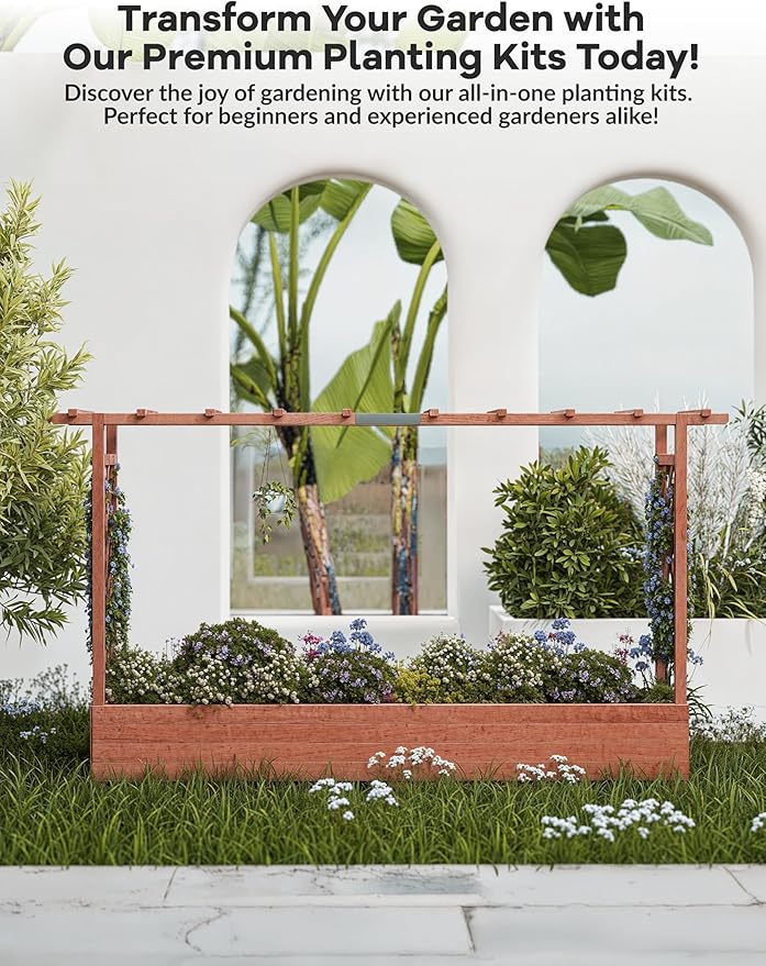 Elevated Wooden Garden Bed with Trellis - 45 in Planter Box with Side Supports Canopy and Drainage Holes – Perfect for Climbing Plants Vines and Blossoms