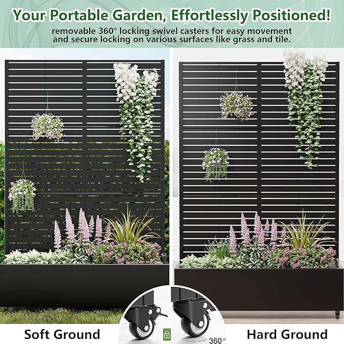 Casaphoria Raised Garden Bed Metal Planter Box with Trellis 72x47x16 for Outdoor Climbing Plants Flowers Vegetables and Vines Privacy Screen with Wheels and Drainage Holes(Black Louvered02)