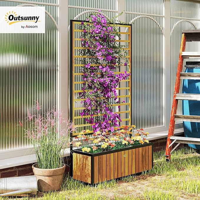 Outsunny Wooden Raised Garden Bed with Trellis Removable Pots Drainage Holes for Climbing Vines Vegetables Flowers Raised Planter Box for Backyard Patio Balcony 29 x 11 x 52 in. Teak