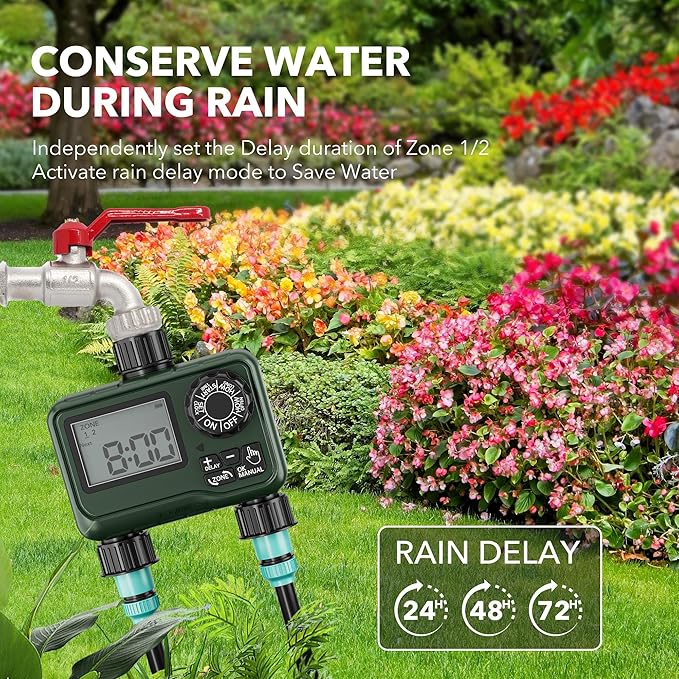 BN-LINK Sprinkler Timer Outdoor - 2 Zone Programmable Water Timer with Rain Delay Automatic Irrigation System for Lawns &amp Garden Hoses - Waterproof Manual Controller with Large LCD Display