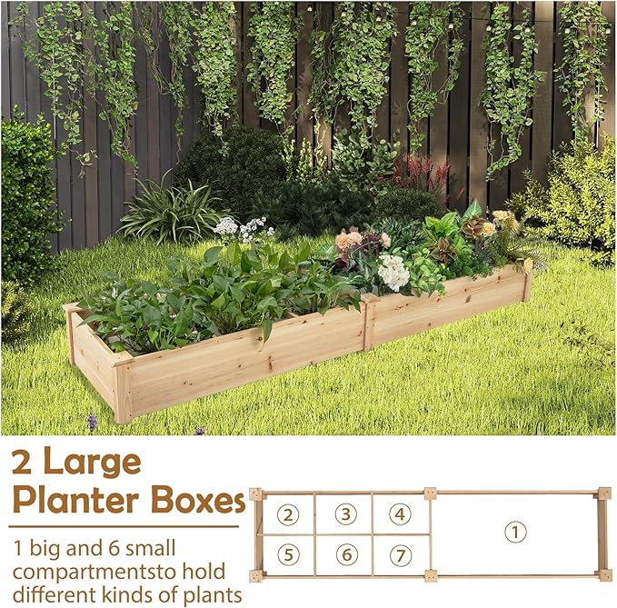 HAPPYGRILL Raised Garden Bed Wooden Planter Raised Bed w/2 Garden Boxes 7 Compartments DIY Painting Available Elevated Planter Box for Patio Garden Backyard Lawn Gardening 90” x 25” x 10”