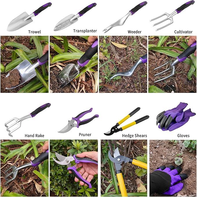 Gardening Tools – 42 Piece Premium Gardening Tool SetHeavy Duty Hand Tools with Fashion Garden Tools Organizer HandbagRust-Proof Gardening Tool Kit Ideal Gardening Gifts for Women((Purple Floral)