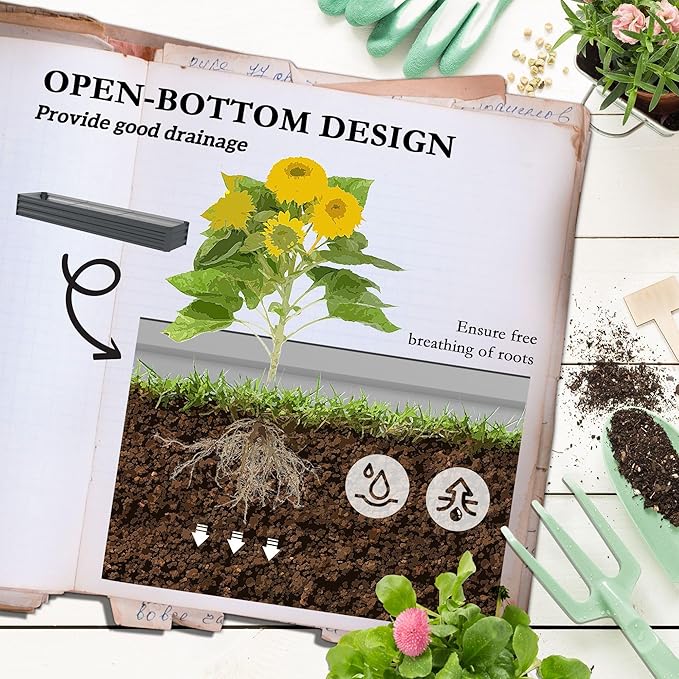8x2x1ft Durable Galvanized Steel Raised Garden Bed Set with Safety Border and Weather-Resistant Coating Dark Gray