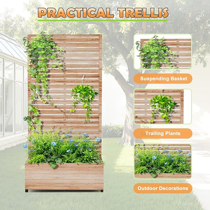 Metal Raised Garden Bed with Trellis 2-in-1 Planter Box &amp Privacy Screen for Climbing Plants Outdoor Standing Flower Bed with Drainage Holes 35.4 L x 15.7 W x 70.1 H Acacia Wood Grain
