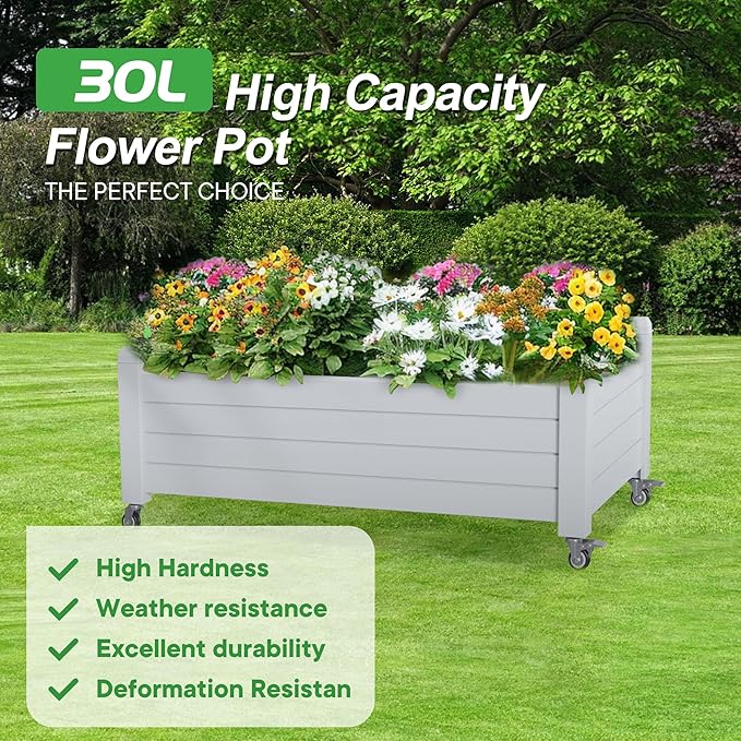 Raised Garden Bed with Wheels 21 Gallon Self-Watering Outdoor Raised Planter Box with Drainage Plug &amp Gauge for Vegetables Flowers Herbs Rustproof Resin for Backyard Patio Porch (Ashen)