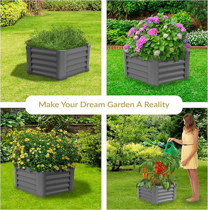 Sunnydaze Galvanized Raised Garden Bed Outdoor - Metal Planter Box for Gardening Vegetables and Plants - 16.25 H Hexagon - Gray