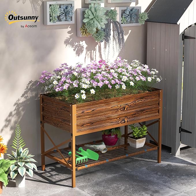 Outsunny Raised Garden Bed with Galvanized Steel Frame Storage Shelf and Bed Liner Elevated Planter Box with Legs for Vegetables Flowers Herbs Dark Brown