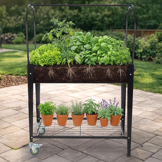 Raised Garden Bed with Cover - 31.5”x15.75”x47.25” Metal Elevated Planter Box with Legs Greenhouse Cover Wheels and Storage Shelf - for Growing Flowers Vegetables or Herbs by Pure Garden (Black)