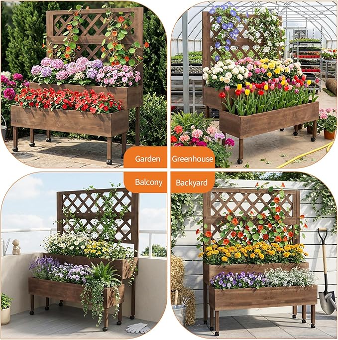 41.93x22.44x54.13 Raised Garden Bed with Trellis 2-Tier Planter Box with Legs Elevated Wood Planter Box Stand for Backyard Patio Balcony with Wheels Drainage Holes Brown