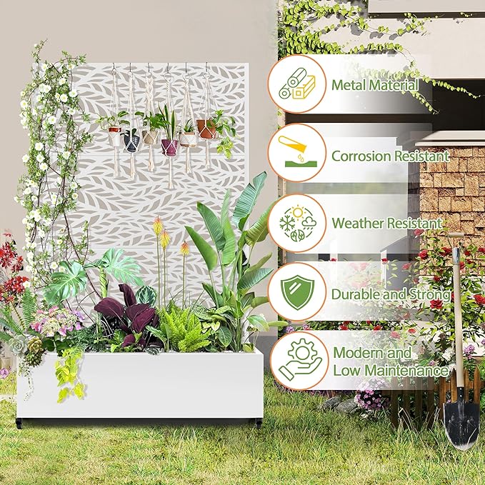Raised Garden Bed with Trellis and Wheels73x47x16 Metal Raised Garden BedWhite Flowing Leaf Metal Planter with Climbing Trellis for Vines &amp Vegetables