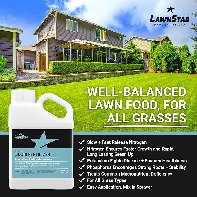 Balanced 16-4-8 Nutrient Liquid Fertilizer (1 Gallon) - Premium Lawn Food NPK with Added Seaweed Extract Treats Common Deficiencies Safe for All Grass Types
