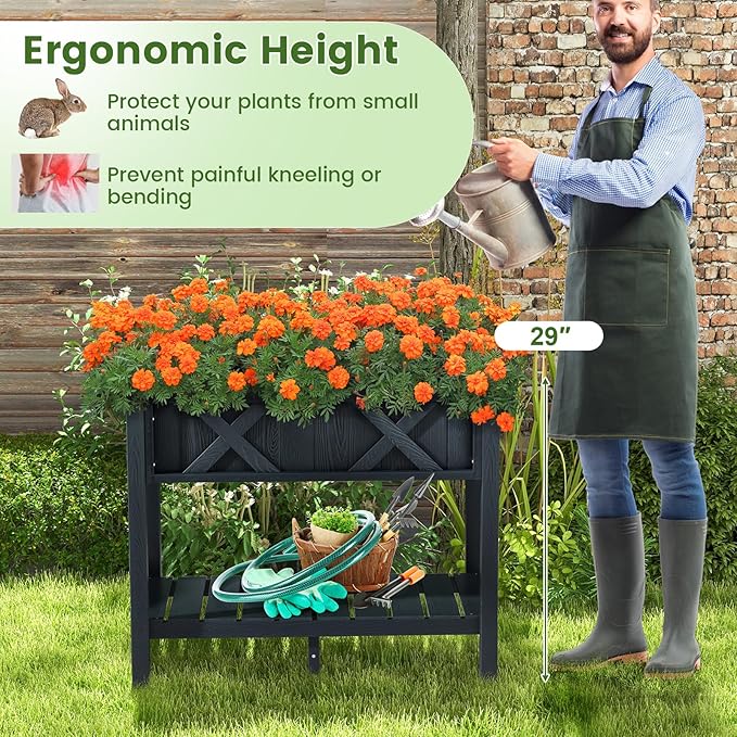 Raised Garden Bed with Legs HIPS Elevated Planter Box with Drainage Holes &amp Storage Shelf Standing Garden Box for Backyard Patio Balcony Deck Terrace (Black 34” x 18” x 29”)