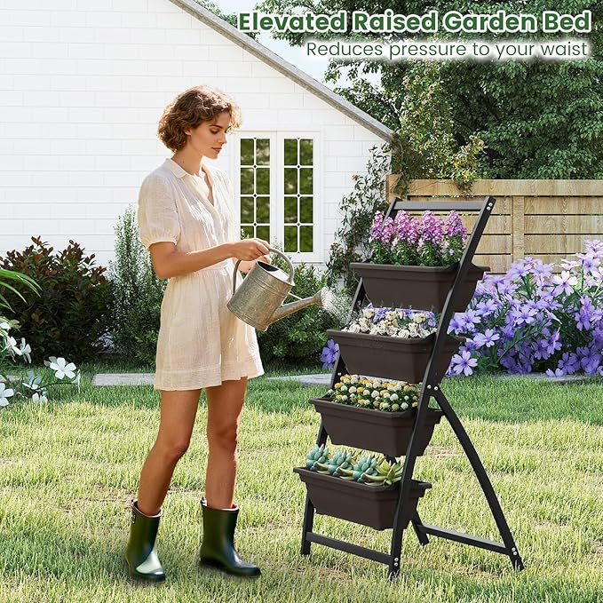 HAPPYGRILL 4-Tier Vertical Raised Garden Bed Elevated Planting Bed w/ 4 Stackable Flowerpots &amp Drainage Holes Indoor Outdoor Freestanding Planter Box w/Legs for Patio Yard (126 x 20.5'' x 49''