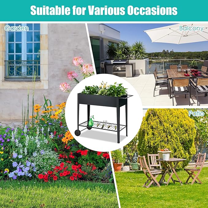 TANGZON Mobile Raised Garden Bed Metal Elevated Flower Vegetable Herb Planter Box with 2 Wheels Bottom Shelf &amp Ergonomic Handle Outdoor Grow Bed for Backyard Patio