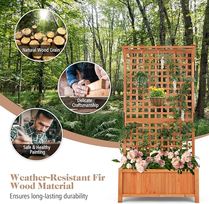 MAT EXPERT Raised Garden Bed with Trellis Lattice Panel with Hanging Roof Drainage Hole Planter Box for Flower Vine Elevated Outdoor Planter for Garden (1 35.5” x 17.5” x 72.5” (L x W x H))