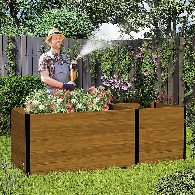 Modular Raised Garden Bed - Expandable Design with Composite Panels &amp Aluminum Frame - Perfect for Flowers Vegetables Herbs - Outdoor Planter Cuboid Box for Patio Balcony Backyard (Brown)