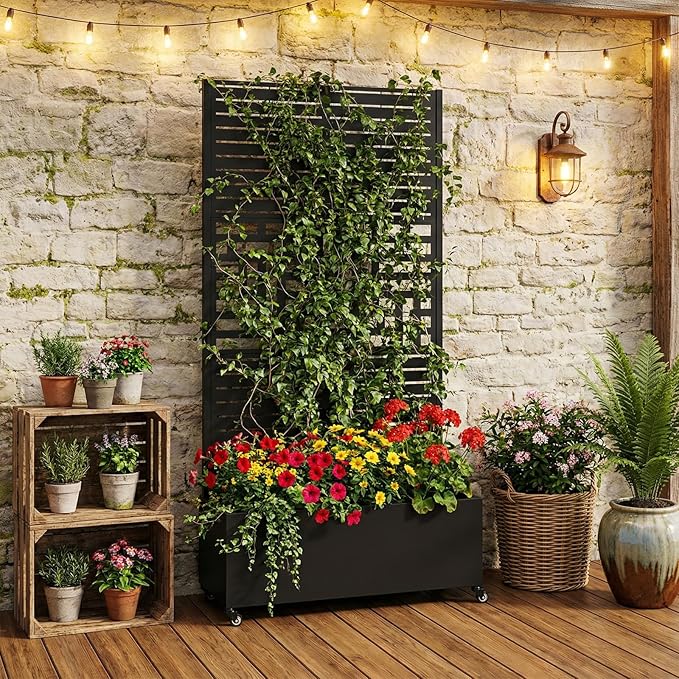 70.87x35.43x15.75 Inch Metal Planter Box with Trellis and Wheels Raised Garden Bed with Drainage Holes Privacy Planters Suitable for Climbing Plants and Vegetables (01)