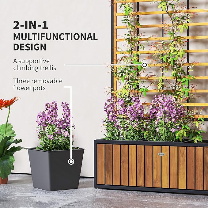 Outsunny Wooden Raised Garden Bed with Trellis Removable Pots Drainage Holes for Climbing Vines Vegetables Flowers Raised Planter Box for Backyard Patio Balcony 29 x 11 x 52 in. Teak