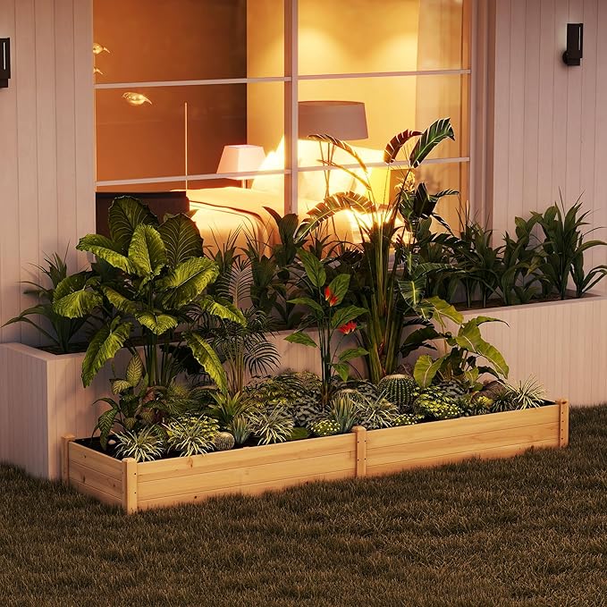 Outsunny 8x2ft Wooden Raised Garden Bed Kit Outdoor Elevated Planter Box Self Draining Bottom and Liner Patio to Grow Vegetables Herbs and Flowers Natural