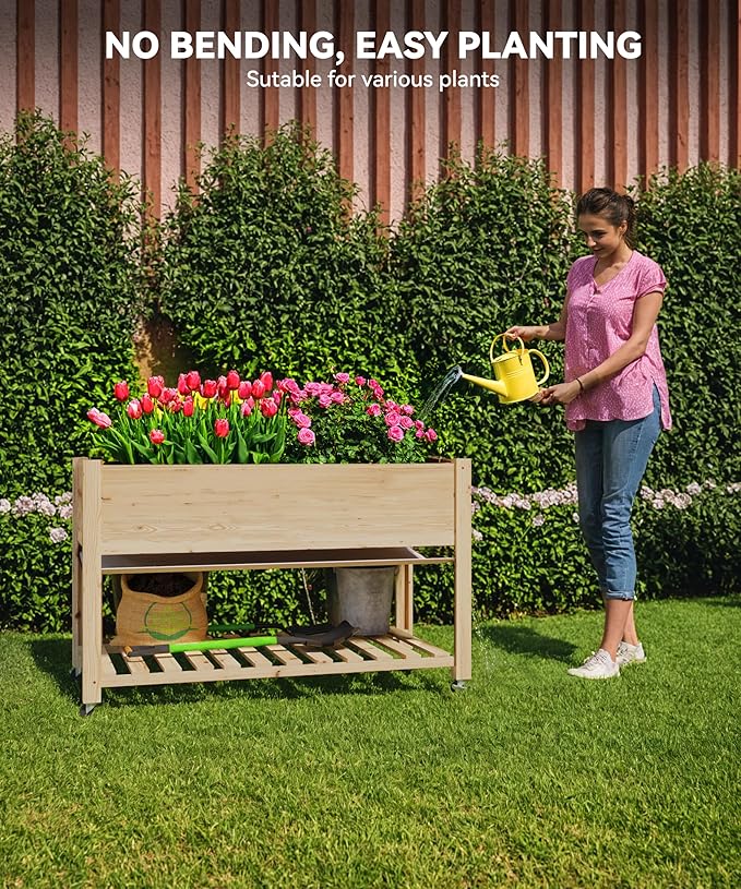 Heavys Duty 48x24x32 Inch Raised Garden Bed with Lockable Wheels Elevated Planter Box for Vegetables Herbs &amp Flowers - Mobile Design Built-in Storage Shelf Weather-Resistant Liner for Patio D