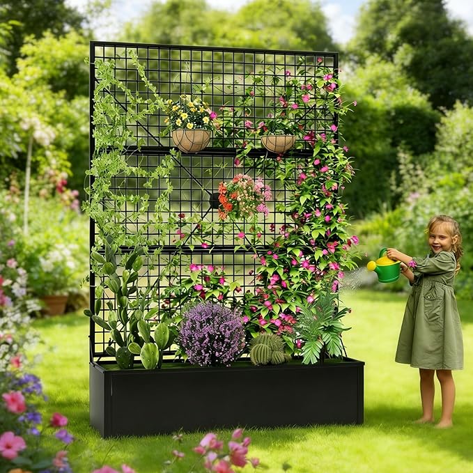 Metal Raised Garden Bed with Trellis and Privacy Screen 71×47.2×16 Planter Box with Drainage Holes for Climbing Plants Vegetables Vines Outdoor Sturdy Planter Box for Patio Backyard Black