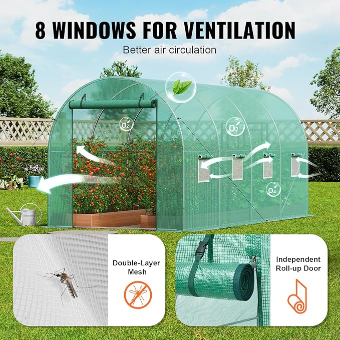 VEVOR Walk-in Tunnel Greenhouse 14.6x6.4x6.3 ft Hoop House Greenhouse Tunnel Plant Hot House with Galvanized Steel Frame Green PE Cover Roll-up Zipper Door and 8 Windows for Outdoor