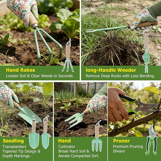Gardening Tools 9-Piece Heavy Duty Gardening Hand Tools Set (Green) Stainless Steels and Reinforced Garden Supplies Kit Durable Garden Tools Organizer Handbag Ideal Garden Gifts for Women