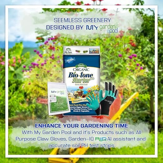 Espoma BTSP18 Bio-Tone Starter Plus 18 lb. Bag with My Garden Pool PH Soil Test Strips 20 ct and Superior Gardening Claw Gloves and Garden-IQ Smart Gardening AI Assistant!