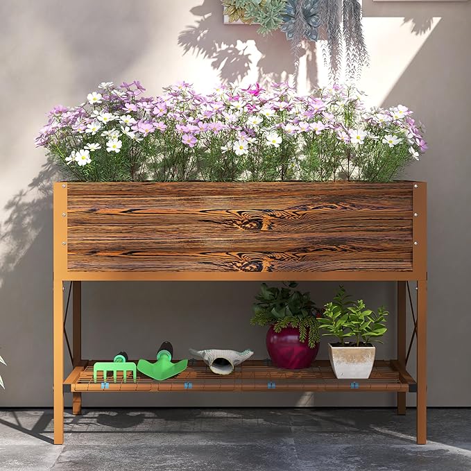 Outsunny Raised Garden Bed with Galvanized Steel Frame Storage Shelf and Bed Liner Elevated Planter Box with Legs for Vegetables Flowers Herbs Dark Brown