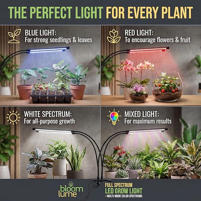 Bloom Lume LED Grow Lights for Indoor Plants Full Spectrum - Features Multi Mode Color Spectrums Dimmable Auto Timer Clip on Goosneck Plant Lamp
