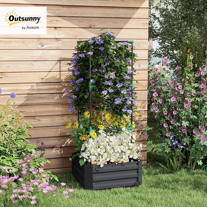 Outsunny Galvanized Raised Garden Bed 55 Tall Outdoor Planter Box with Trellis Tomato Cage and Open Bottom for Climbing Vines Vegetables Flowers in Backyard Garden Patio Dark Gray