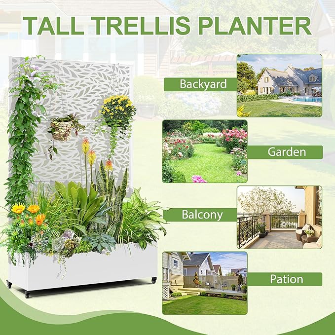 Raised Garden Bed with Trellis and Wheels73x47x16 Metal Raised Garden BedWhite Flowing Leaf Metal Planter with Climbing Trellis for Vines &amp Vegetables