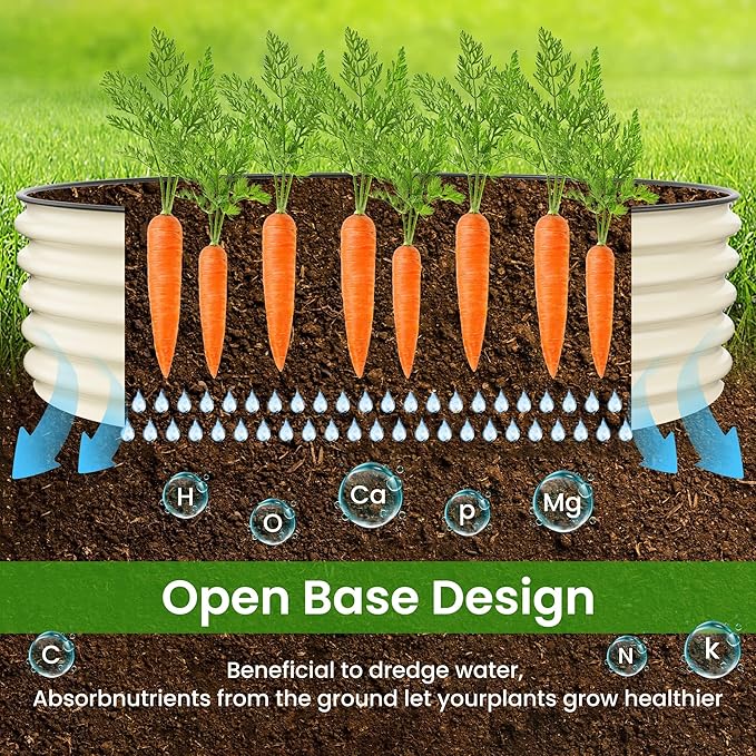 17'' Tall Round Raised Garden Bed Kit Outdoor Zinc-Aluminum-Magnesium Metal Flower Beds Stainless Steel Patio Ground Planter for Planting Vegetables (Ivory)