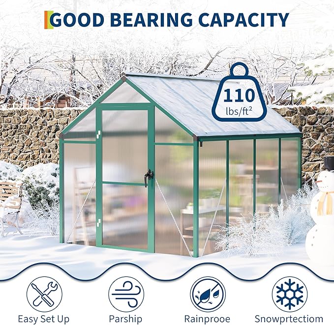 6X8 FT Outdoor Polycarbonate Greenhouse Sturdy Aluminum Frame Adjustable Roof Vent Ideal for Backyard Patio or Garden All-Weather Green House for Growing Plants and Vegetables