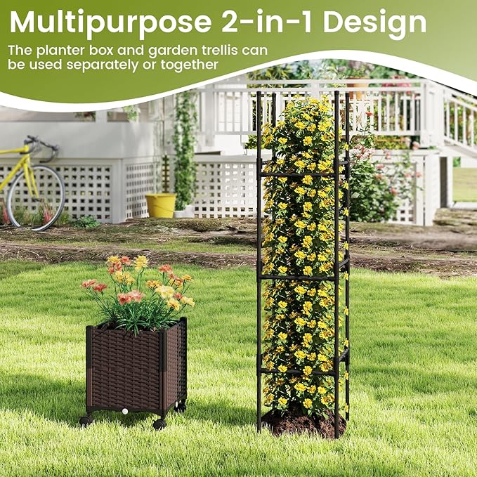 Giantex Raised Garden Bed Planter Box with Trellis 87 Tomato Planter for Climbing Vegetables Flowers Vine Plant Self-Watering Tomato Cage with Wheels for Garden Patio Outdoor &amp Indoor