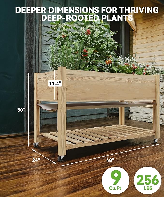 48x24x30in Raised Garden Bed with WheelsElevated Raised Planter Box Outdoor for Growing Vegetables and HerbsSturdy Wooden Raised Table Garden Bed with Legs-Enhanced DepthNatural