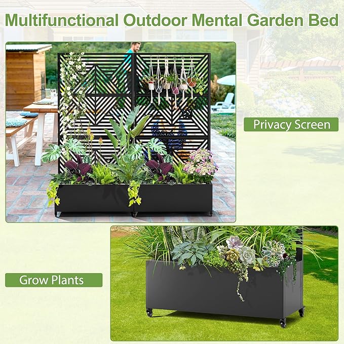 Raised Garden Bed with Trellis and Wheels73x35x16 Metal Raised Garden BedBlack Diamond Metal Planter with Climbing Trellis for Vines &amp Vegetables