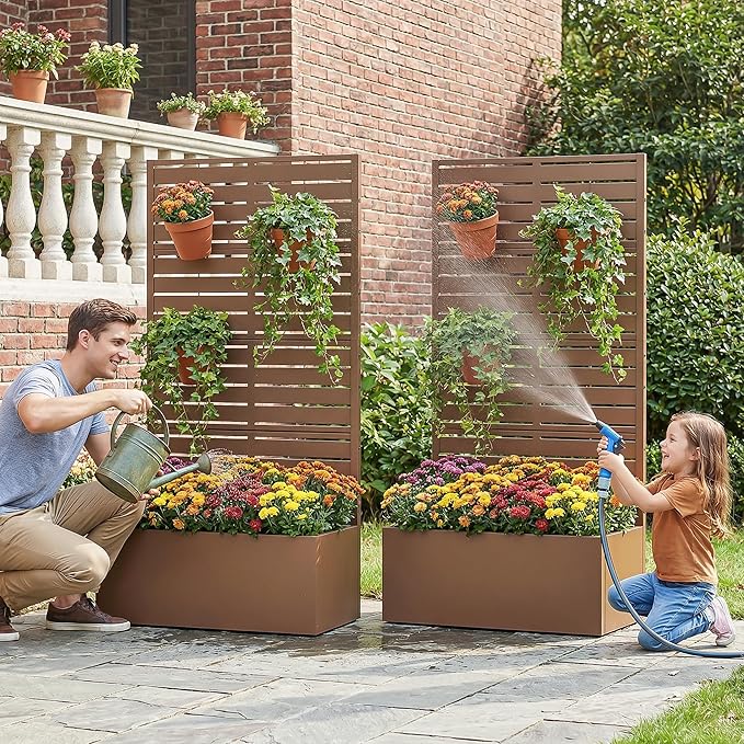 Casaphoria 60x30 Metal Raised Garden Bed with Trellis(2 Pack) Outdoor Planter Box with Wheels &amp Drainage Holes for Climbing Plants Flowers Elevated Garden Kit with Privacy Screen Brown-Louve