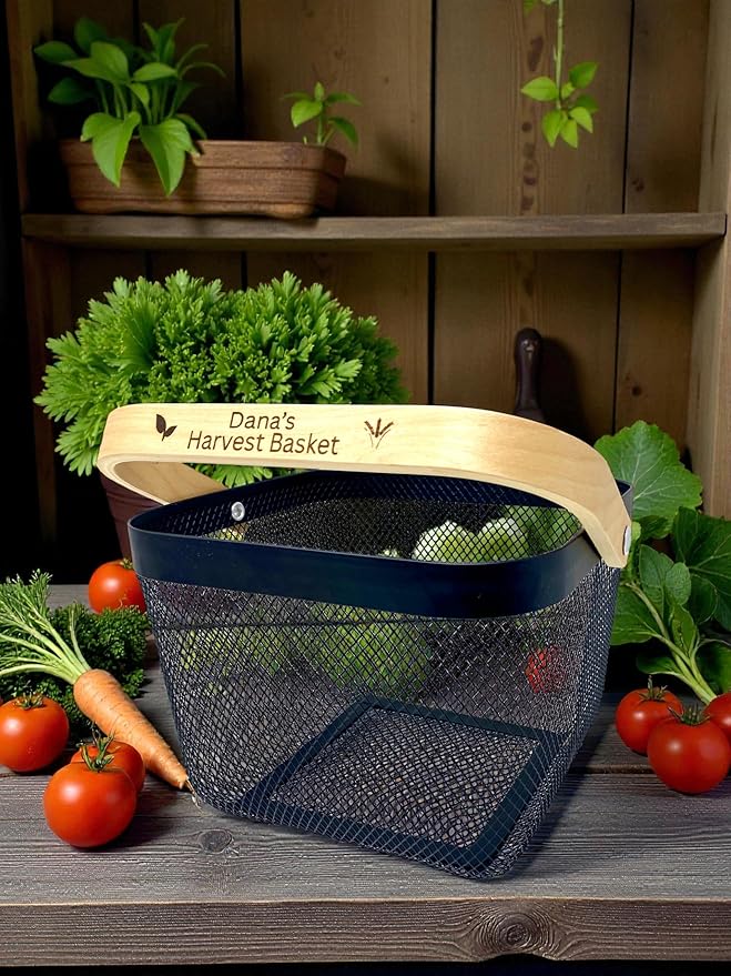PersonalizedMetal Mesh Harvest Basket with Custom Engraved Handle Gift For Gardeners Vegitable Harvesting Basket Gardening Tools 9x7x7in