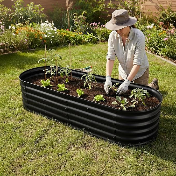Relaxdays Raised Bed Galvanised Metal Flowers Plants &amp Vegetables H 45 x W 150 x D 60 cm Oval Plant Bed Black